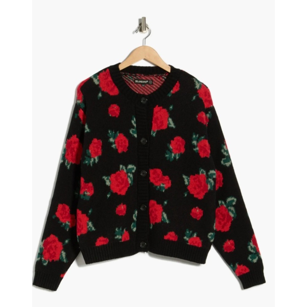 BlankNYC Roses Red Floral Cardigan Sweater Black Red‎ XS Cottage Whimsical NEW